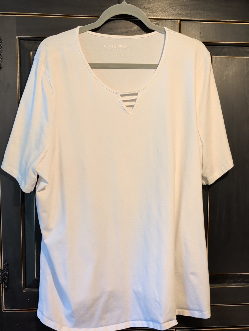 Catherines White Women’s Short Sleeve Tee with Ladder Neck Detail